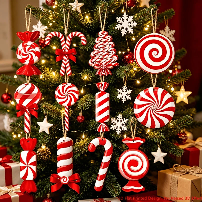 24/36Pcs Wood Peppermint Candy Cane Ornaments with Jute Rope - Red & White Swirl Suitable for Christmas Tree Decorations,Holiday