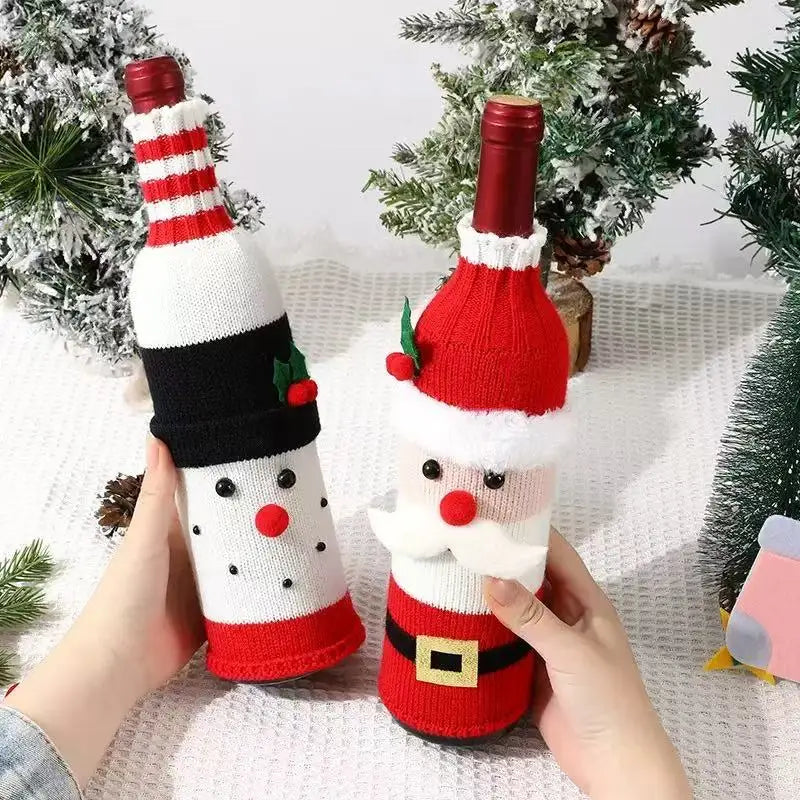 Christmas Wine Bottle Cover Set Santa Snowman Woven Wine Bottle Bags for Christmas Party Dinner Table Decorations New Year Gifts