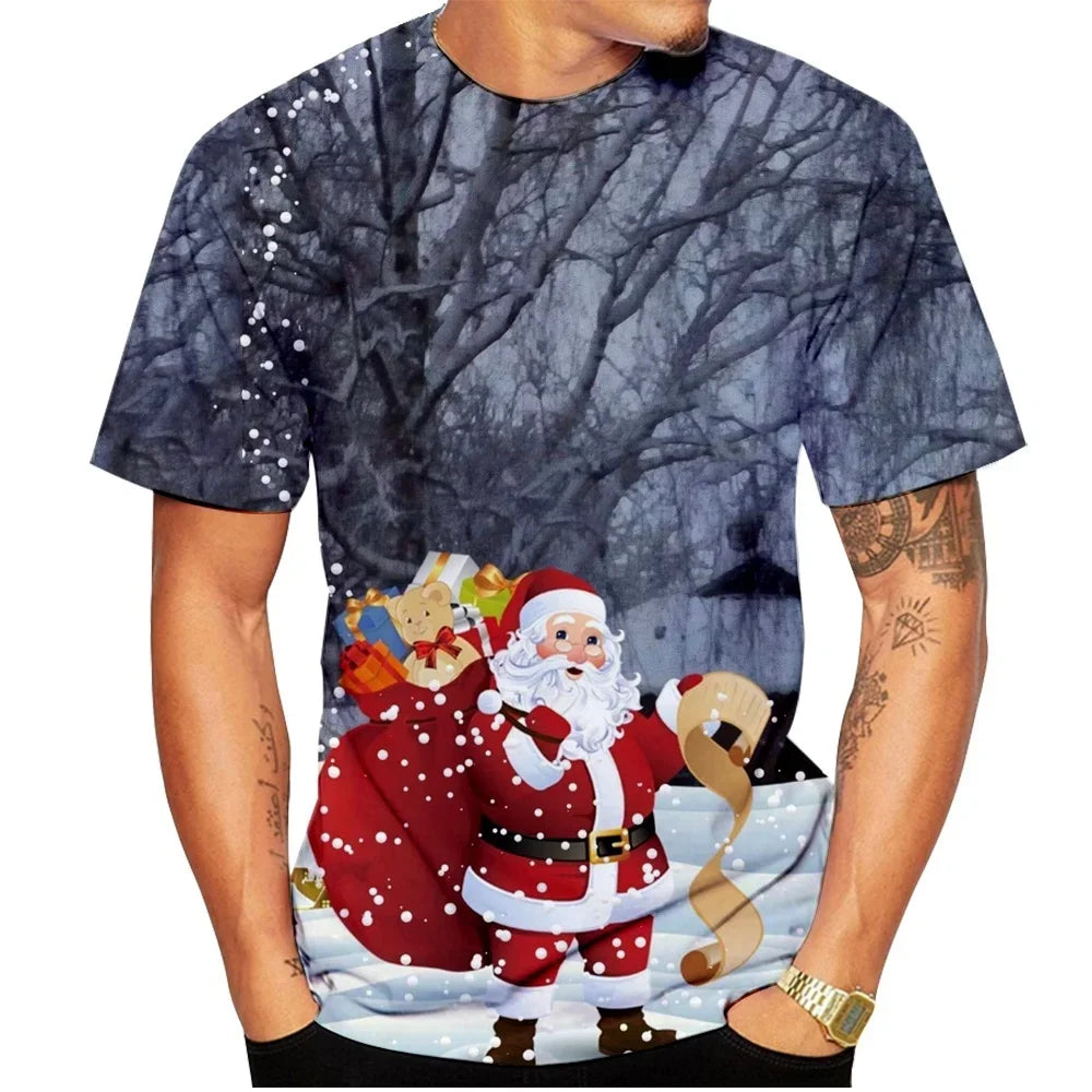 2026 Fashion Men's Merry Christmas T-Shirt Blue Xmas Tree Snowflake Graphic Crew Neck Short Sleeve Holiday Party Casual Tee Tops