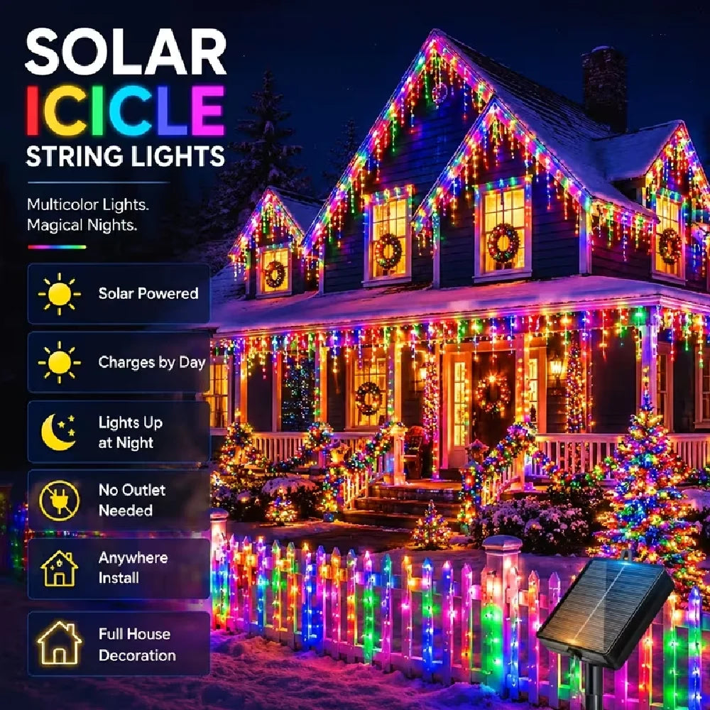 3.5M/7M/13M Solar Icicle Lights 8 Modes Outdoor Decorations Christmas Fairy String Lights for Xmas House Roof Party Wedding