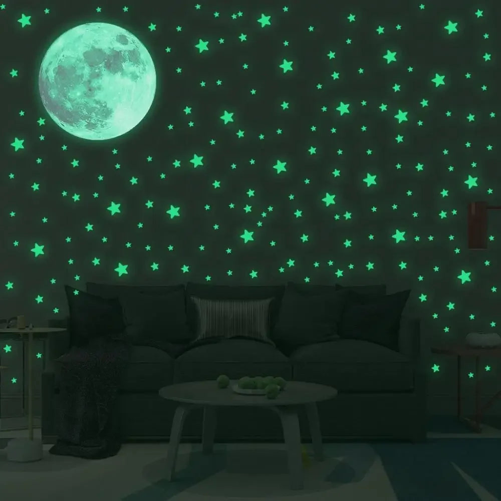 Self-adhesive Full Luna  Luminous Decals Kids Bedroom DIY 3D Glow In Dark Moon Stars Wall Stickers