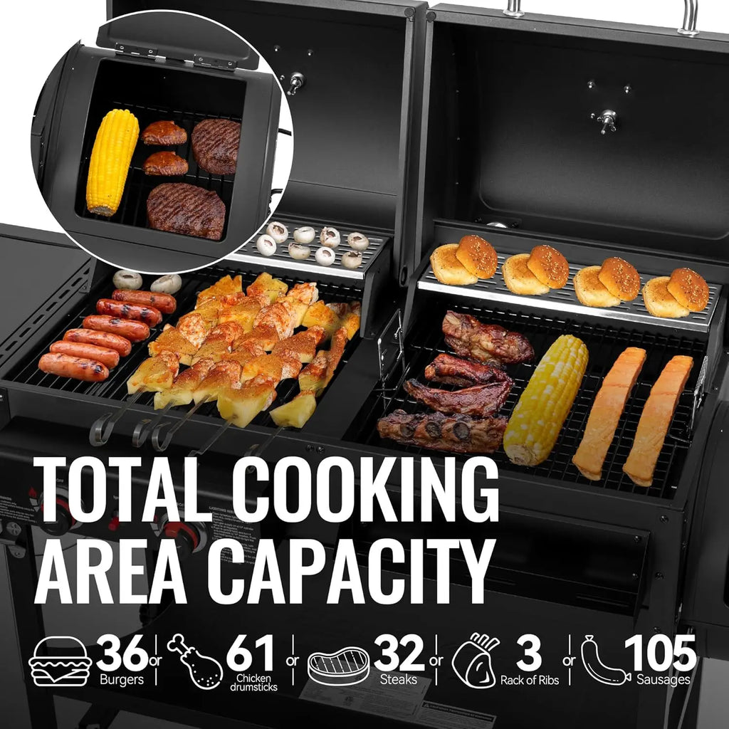 2-Burner Gas and Charcoal Combo Grill with Offset Smoker & Side Burner, 34,000 BTU Dual Fuel Grill, 1020 Sq. In., Customized