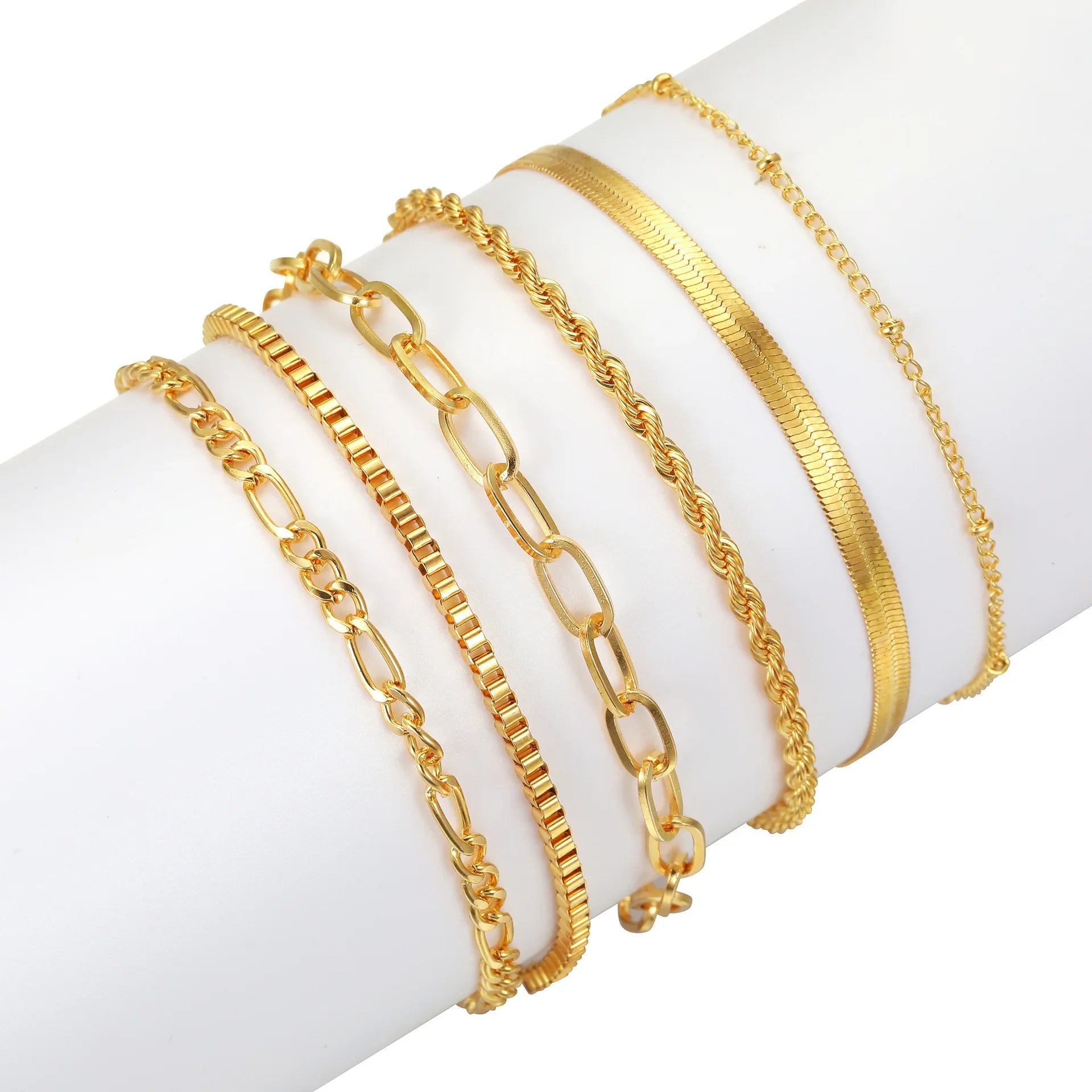 6Pcs Minimalist Gold Color Ankle Chain Bracelet Set for Women Men Bohemian Retro Thick Twist Cuban Bracelets Trendy Jewelry Gift