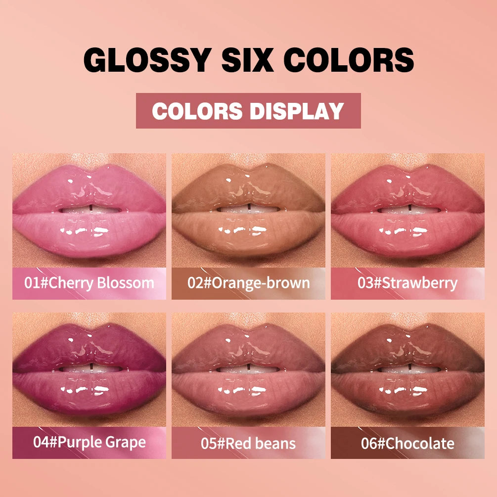 QIBEST 6 Colors Watery Crystal Jelly Lip Oil Balm Moisturizing Smoothing Lip Lines Jelly Pout Lip Gloss Glass Lip Glaze Cosmetic