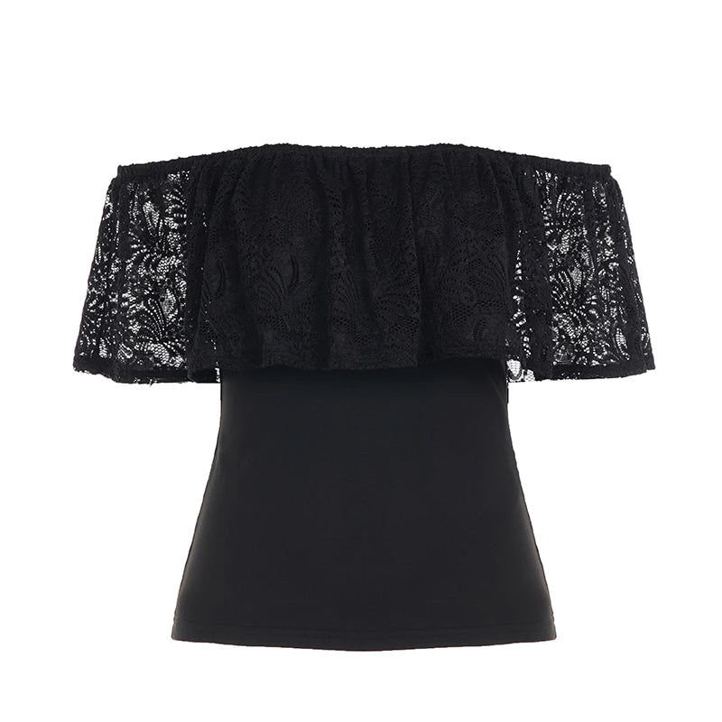 [RUOKE] Sexy Off Shoulder Lace Crop Top Women Ruffle Blouse Summer Slash Neck T-shirt Slim Fit Tube Top Going Out Party Date Y2K