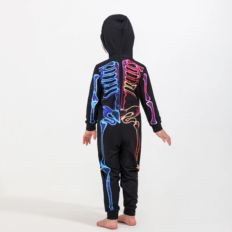 Halloween Scary Skeleton Costume for Adult Kids Family Horror Skull Jumpsuit Carnival Party Hooded Halloween Parent-Child Pajama