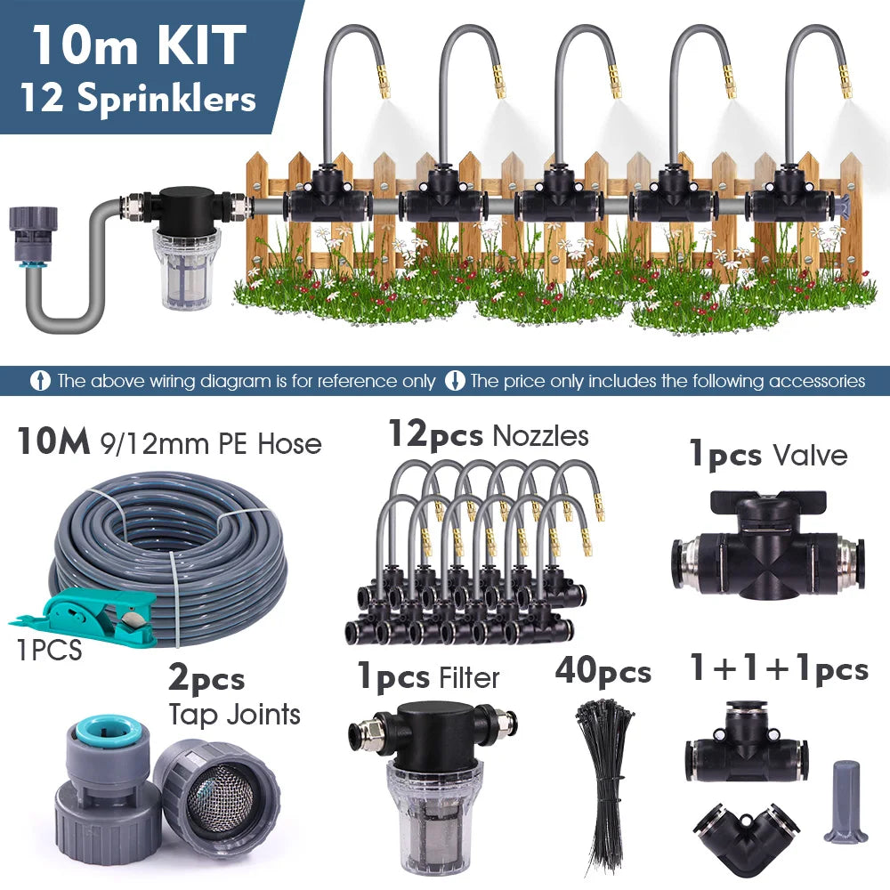 3/8" 9/12mm Misting Cooling System 360° Free-Bend Nozzle Atomizer Sprayer PE Hose 80 Mesh Filter Garden Irrigation Watering Kit
