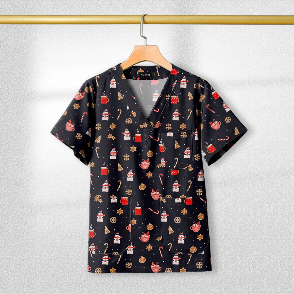 Short Sleeve V Neck Print Christmas Uniform Nursing Tops Male Scrub Nurse Working Uniforms T-Shirts Workwear Women Beauty Scrubs