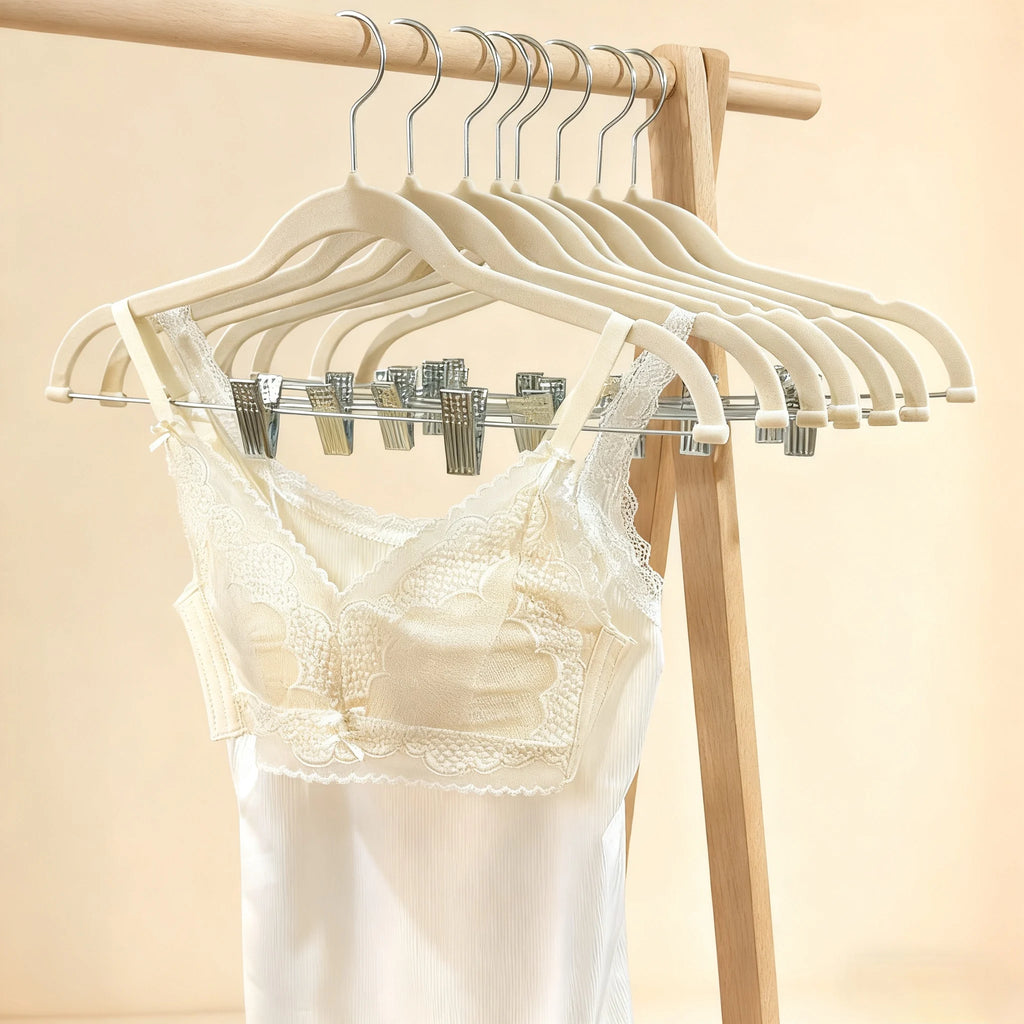5/10 Pieces of Plastic Velvet-Coated Clothes Hangers, with Movable Strong Clips, Non-Slip and Anti-Fall, Suitable for Hanging Pants, Skirts, Bras, and Camisoles