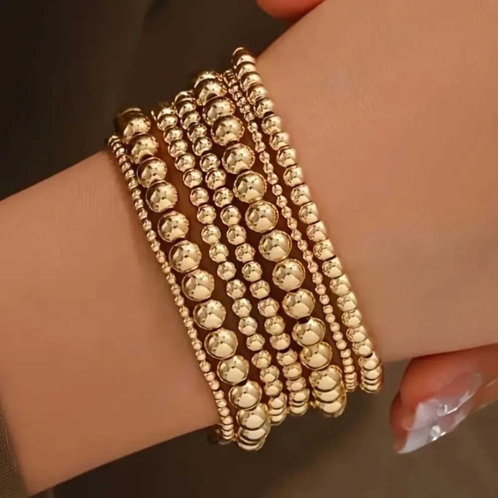 7PCS Golden Bead Bracelet Set for Women Flexible Stretch Fit, Minimalist Beaded Bangles Elegant Daily & Party Jewelry Accessory