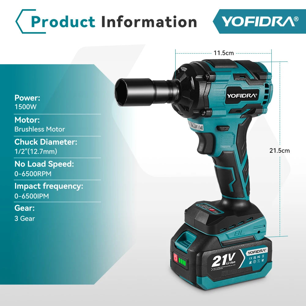 YOFIDRA 1000N.m Brushless Electric Impact Wrench 1/2" Cordless Rechargeable Socket Screwdriver Power Tool For Makita Battery Pin