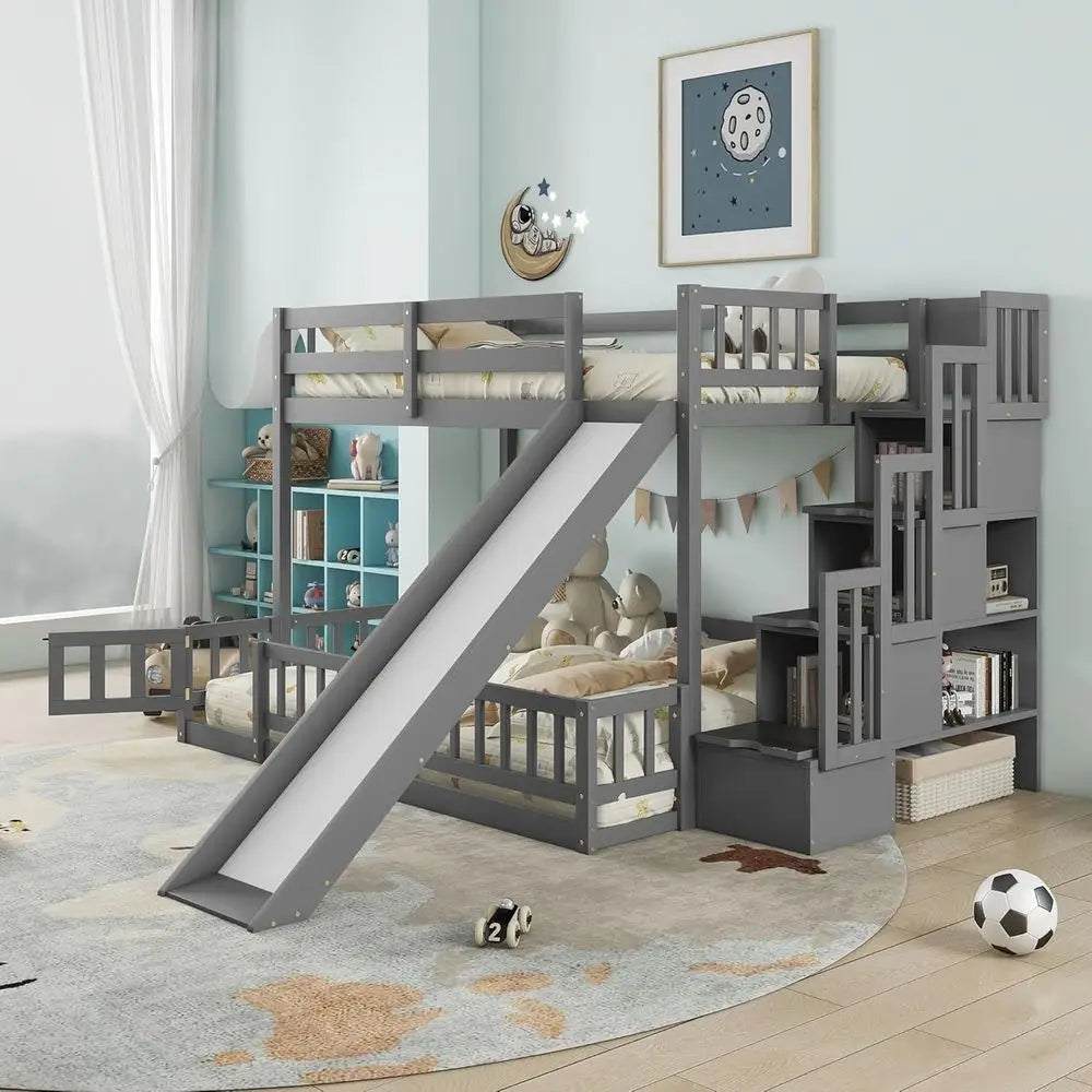 Gray Twin Over Full Bunk Bed with Slide, Stairs, and Storage for Kids
