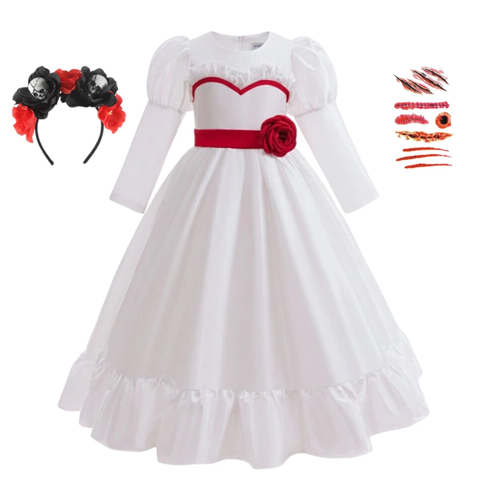 Horror Movie Girls Annabell Cosplay Halloween Costume Kids Horror Scary Doll Ghost Fancy White Dress Outfits