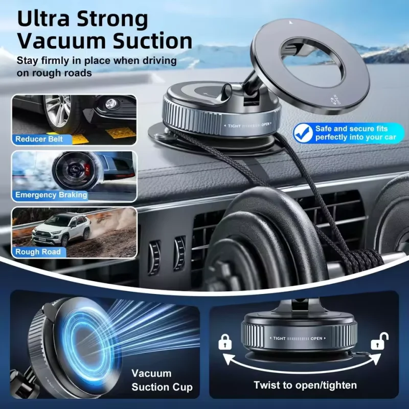 Strong Magnetic Vacuum Car Phone Holder With Foldable 360 ° Adjustable Rotating Suction Cup Suitable For Multiple Types Phone