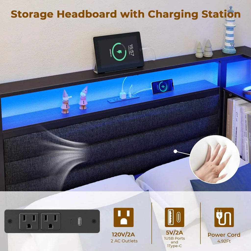 Corner Bed Frame with Storage Bookcase and LED Lights Twin Size Bed Frames with Upholstered Headboard and Charging Station