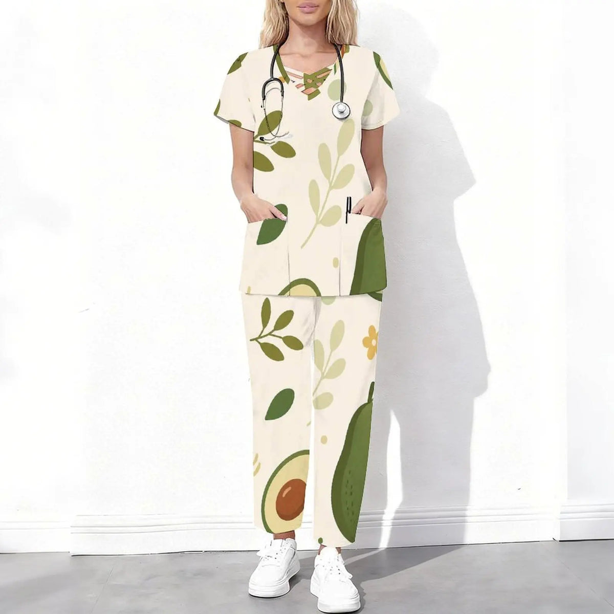 Women Abstract Fruit Leaf Print Short Sleeve Cutout Neck Scrub Set Pockets Top Long Pants Two Piece