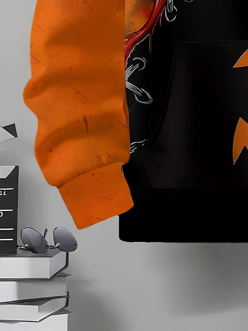 Men Halloween Stitch Pumpkin Face 3D Print Hoodie Split Black Orange Graphic Long Sleeve Pullover Sweatshirt With Pocket