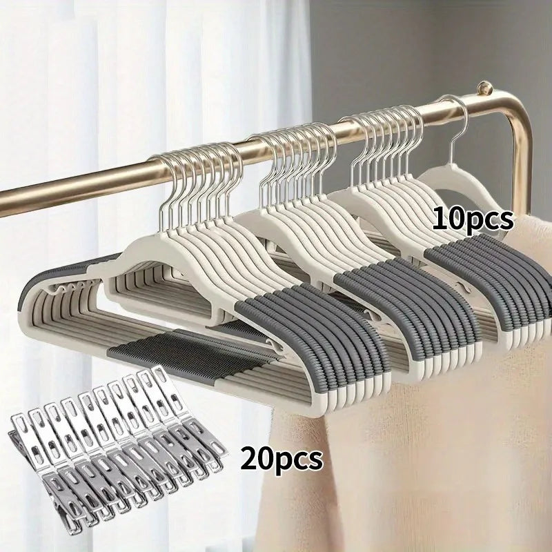 30pcs（10 hangers+20 clips） Anti Slip Hangers Set - Heavy Duty Velvet Clothing Hangers for Wardrobe, Multiple Colors