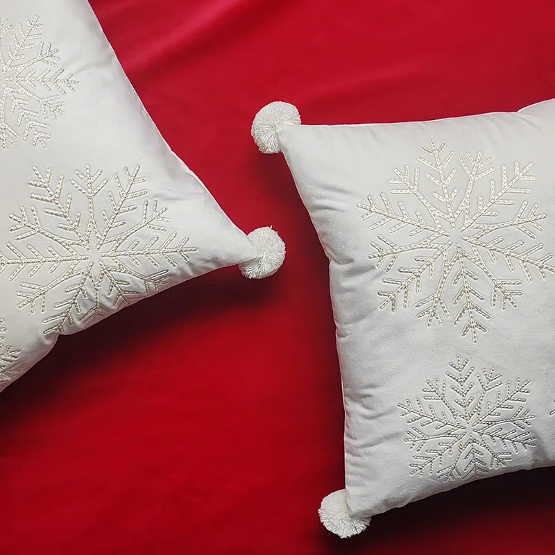 Christmas Decorative Pillow Case Cartoon 3D Snowflake embroidery Santa Xmas Tree White Square New Year 2025 Pillowcases 45x45cm