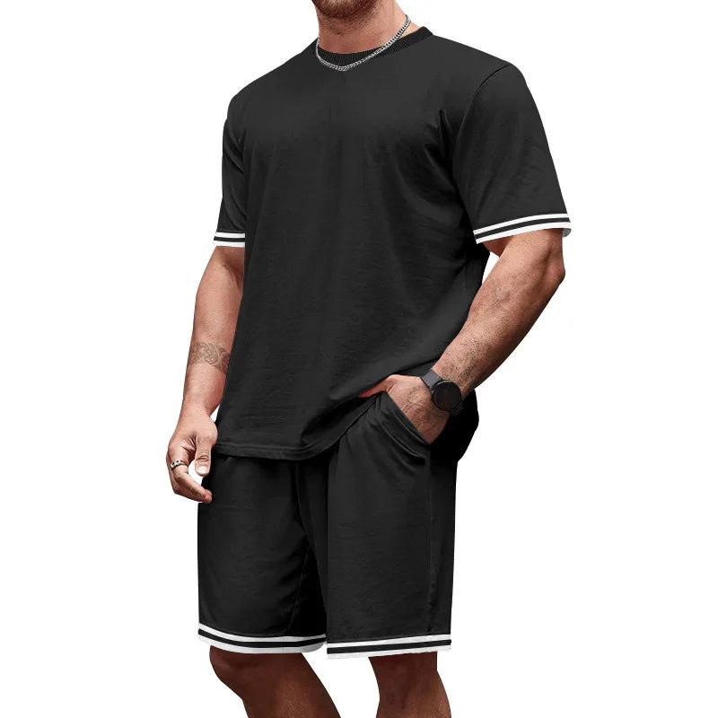 2026Men's Summer Tracksuit Solid Loose Casual Round Neck Short Sleeve T-shirts Shorts Two Piece Sets for Men Gym Clothing Sets