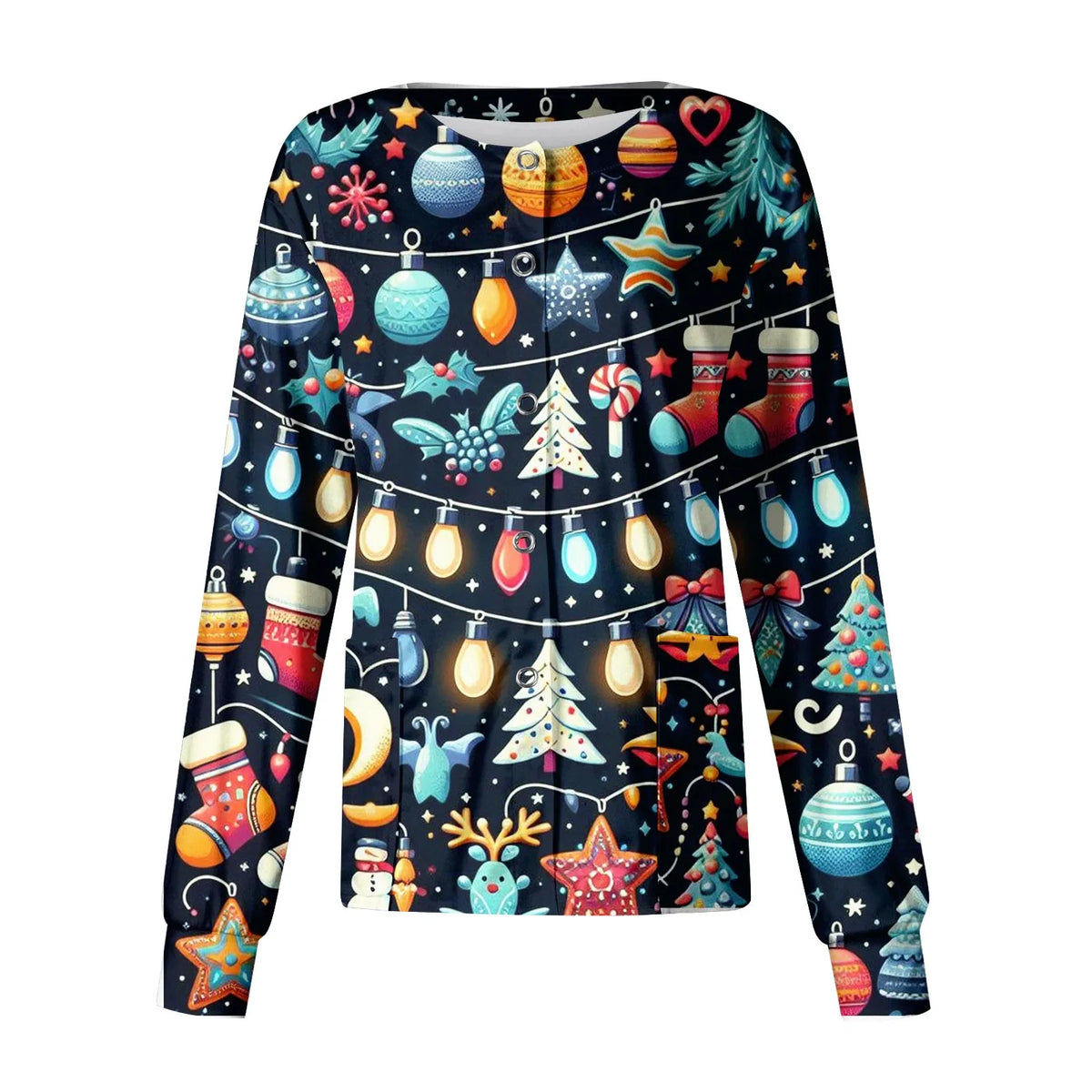 Christmas Womens Scrub Uniform Tops 2024 Long Sleeve Christmas Tree Printed Top Nurses Working T Shirts Blouse With Pockets