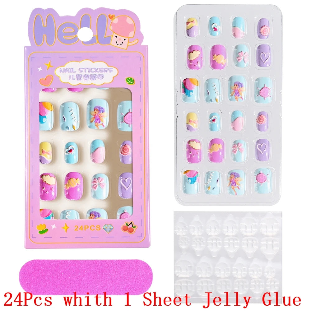 Children Press on Nails,24 Pcs Fake Nails Tips for Kids Acrylic Nails Pre-glue Full Cover Short False Nails Cute Fingernails