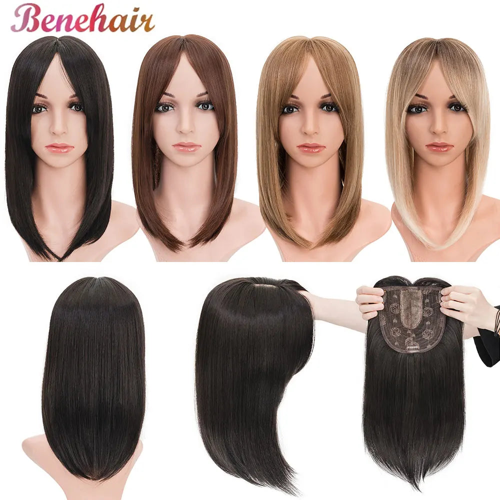 Benehair 14'' Striaght Hair Toppers with Side Bangs for Women Synthetic Hairpieces Adding Hair Volume Topper Clip Hair Extension