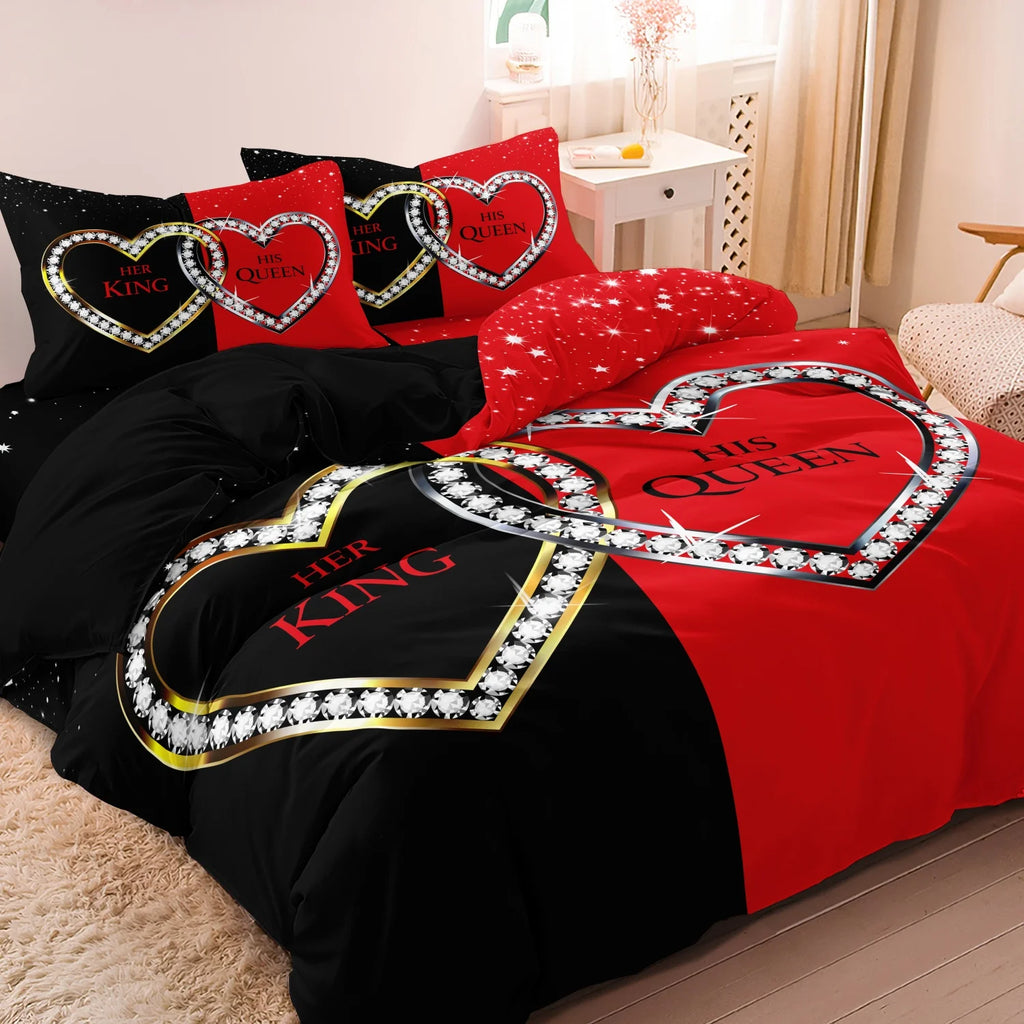 3pcs Romantic Couple Crystal Heart King & Queen Bedding Duvet Cover Set -  Machine Washable, Digital Print For Home And Dorm Use