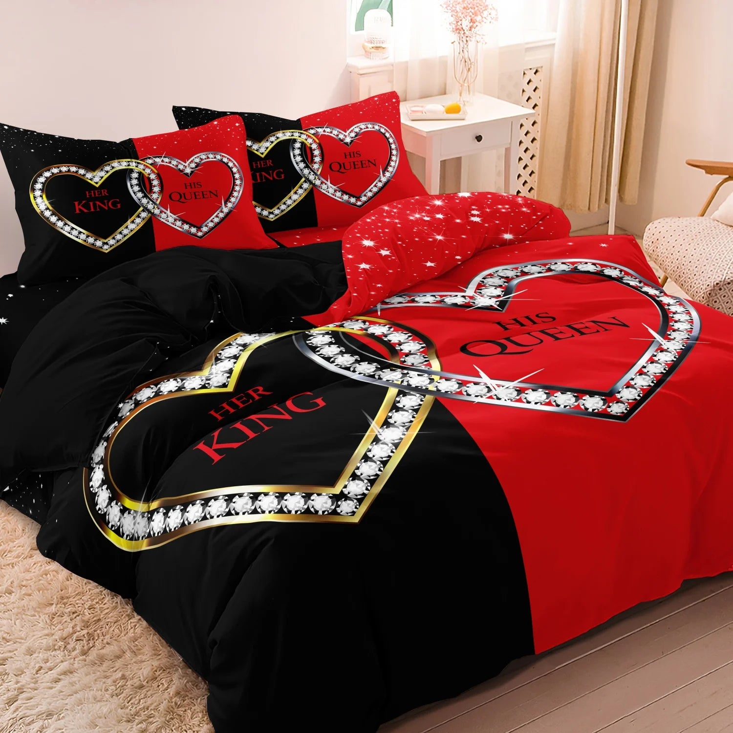 3pcs Romantic Couple Crystal Heart King & Queen Bedding Duvet Cover Set -  Machine Washable, Digital Print For Home And Dorm Use