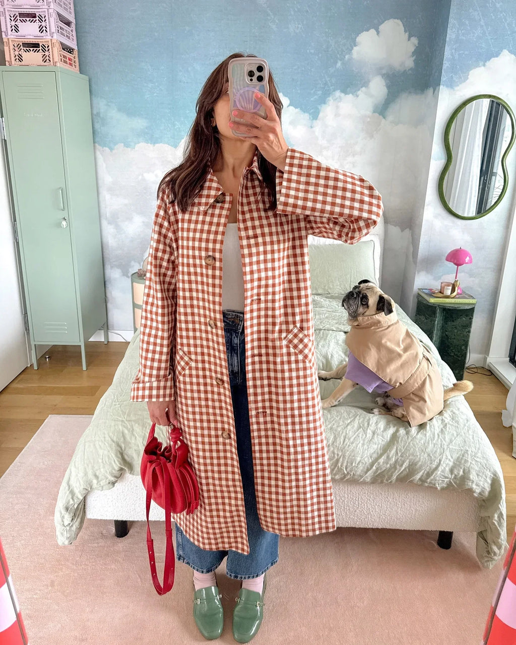 Women Red Plaid Long Trench Coat Casual Lapel Single Breasted Full Sleeve Windbreaker Jacket 2025 Autumn New Lady Streetwear
