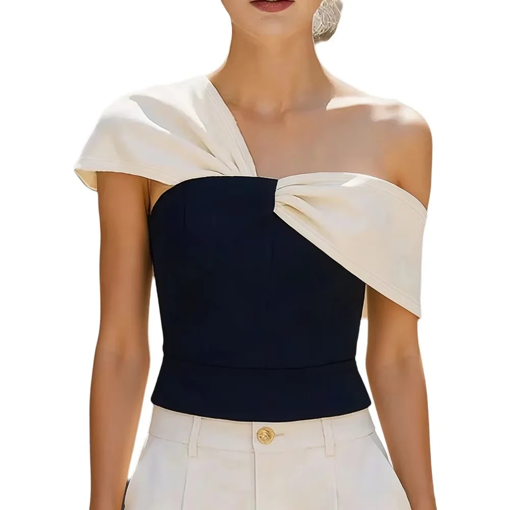 Chic One Shoulder Twisted Color Block Navy White Slim Fit Crop Blouse, Tube Top For Party & Daily Women