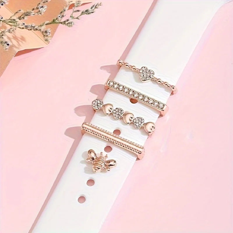 5pcs Rhinestone Watchband Ring Loops Nails Studs, Cute Metal Watch Strap Charms Decorations Compatible With IWatch Series Watchb