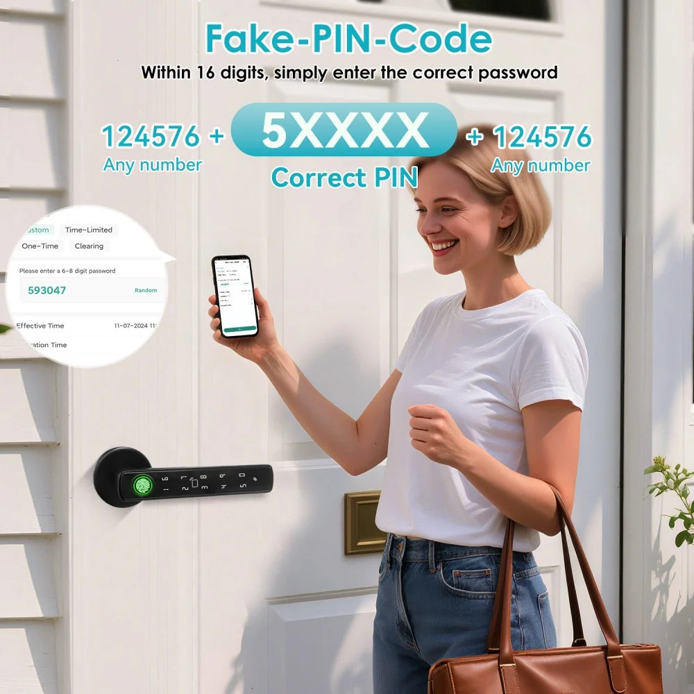 YFK Tuya 5-in-1 Smart Door Handle Lock Bluetooth Fingerprint Keyless Entry Lock Fake PIN NFC IC Card Temporary Password APP Remote Unlock Interior Smart Life Lock for Home Apartment Office Wooden Door