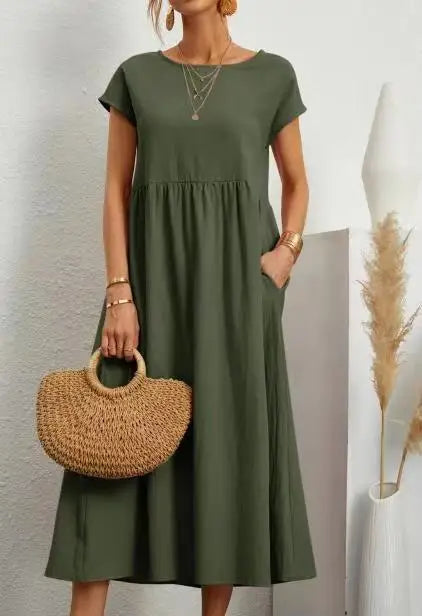 Dresses for Women  Cotton Linen Midi Casual  Short Sleeve Loose A-Line Sundress with Pockets  Solid Color Oversized Long Dress