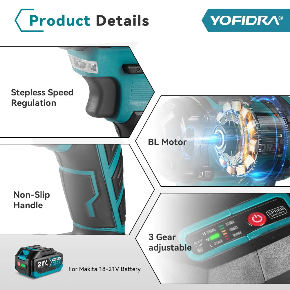 YOFIDRA 1000N.m Brushless Electric Impact Wrench 1/2" Cordless Rechargeable Socket Screwdriver Power Tool For Makita Battery Pin