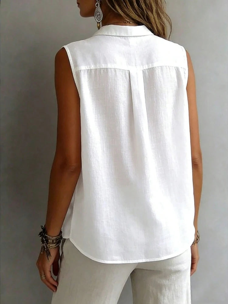 Fashionable and Elegant Sleeveless Collared Shirt for Women, Versatile Loose Casual Commuter Tank Top, Solid Color Button-Front Daily Wear