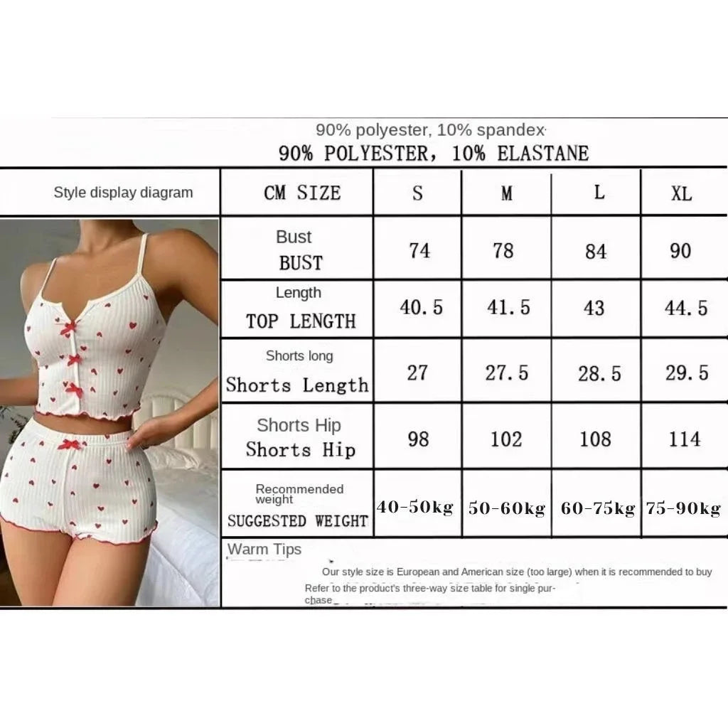 Sweet Cute Heart Pattern Two Piece Set Ladies Soft Breathable Spaghetti Strap Nightwear Summer Casual Homewear Set Ladies Pajama