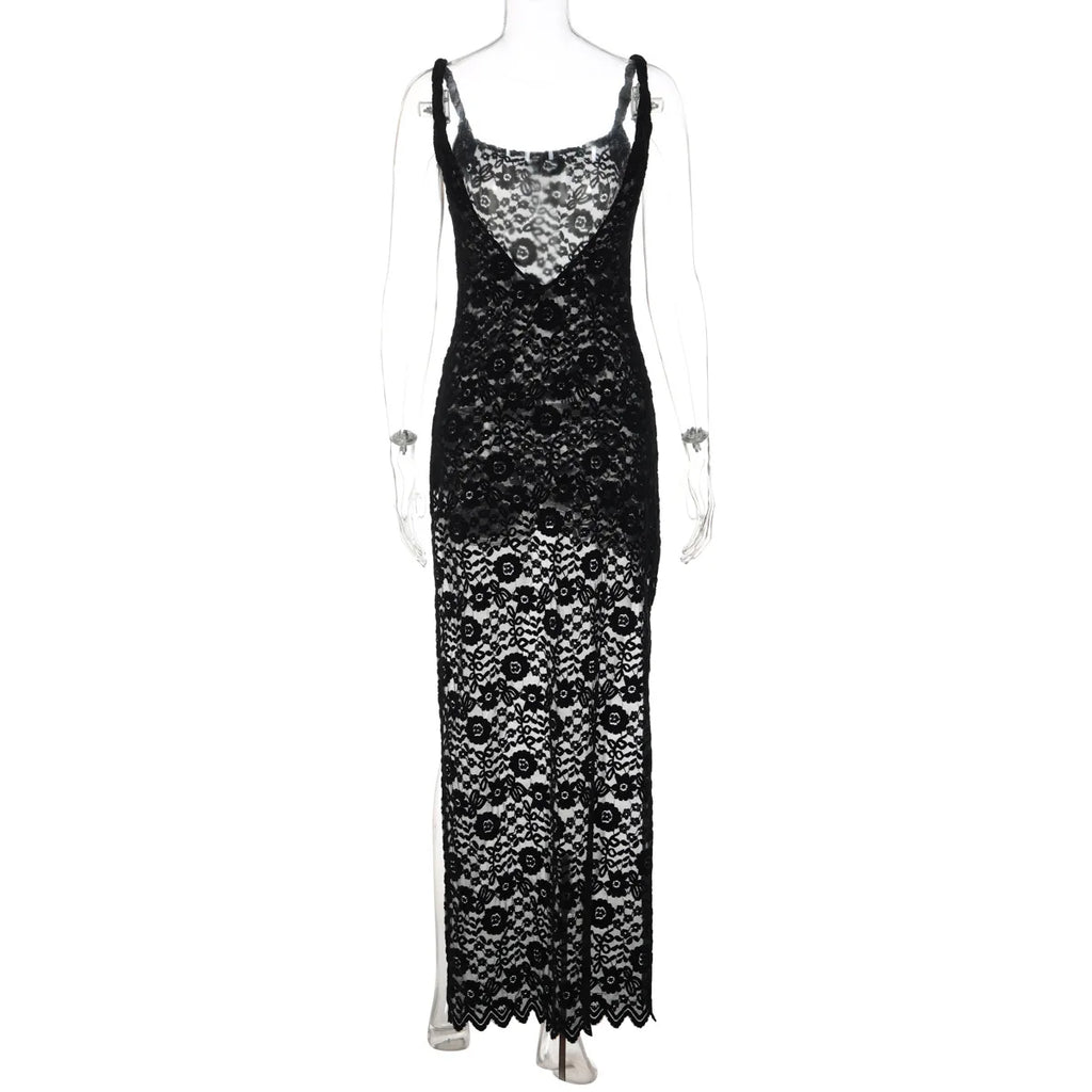 Y2K Women Sexy Lace See Through Maxi Dress Outfit Bodycon Summer Sleeveless Backless Party Club Dresses Asymmetrical Streetwear