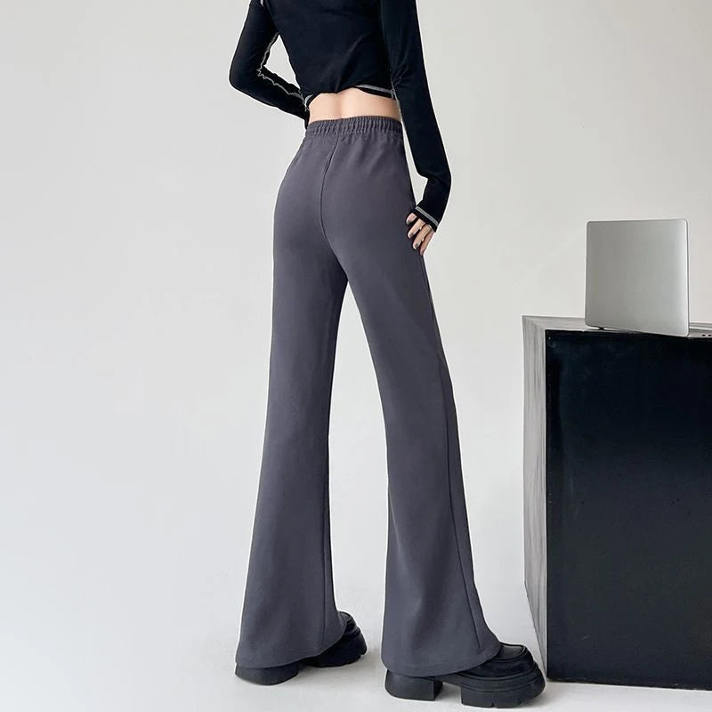 Micro Flared Pants Casual Dark Gray Sports High Waisted Drawstring Elastic Long Pants Solid Simple For Women Clothes Fashion New