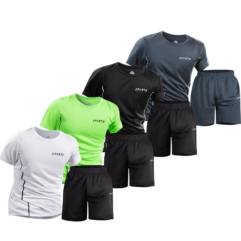 Men's Ice Silk Sportswear Quick Dry Fitness Running T-Shirts Sets Short Sleeve Training Shorts Sets 2 Piece Set Tracksuits Men