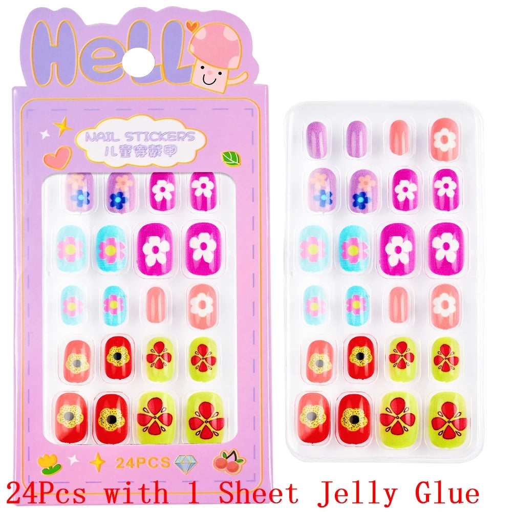 Children Press on Nails,24 Pcs Fake Nails Tips for Kids Acrylic Nails Pre-glue Full Cover Short False Nails Cute Fingernails