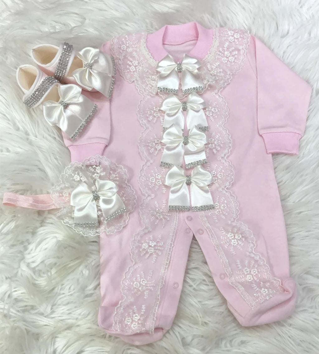 Baby Girl Coming Home Outfits Set Personalized Name Jewelry Crown Clothing Vintage Croche Infant Care Products Body Suit Pajamas