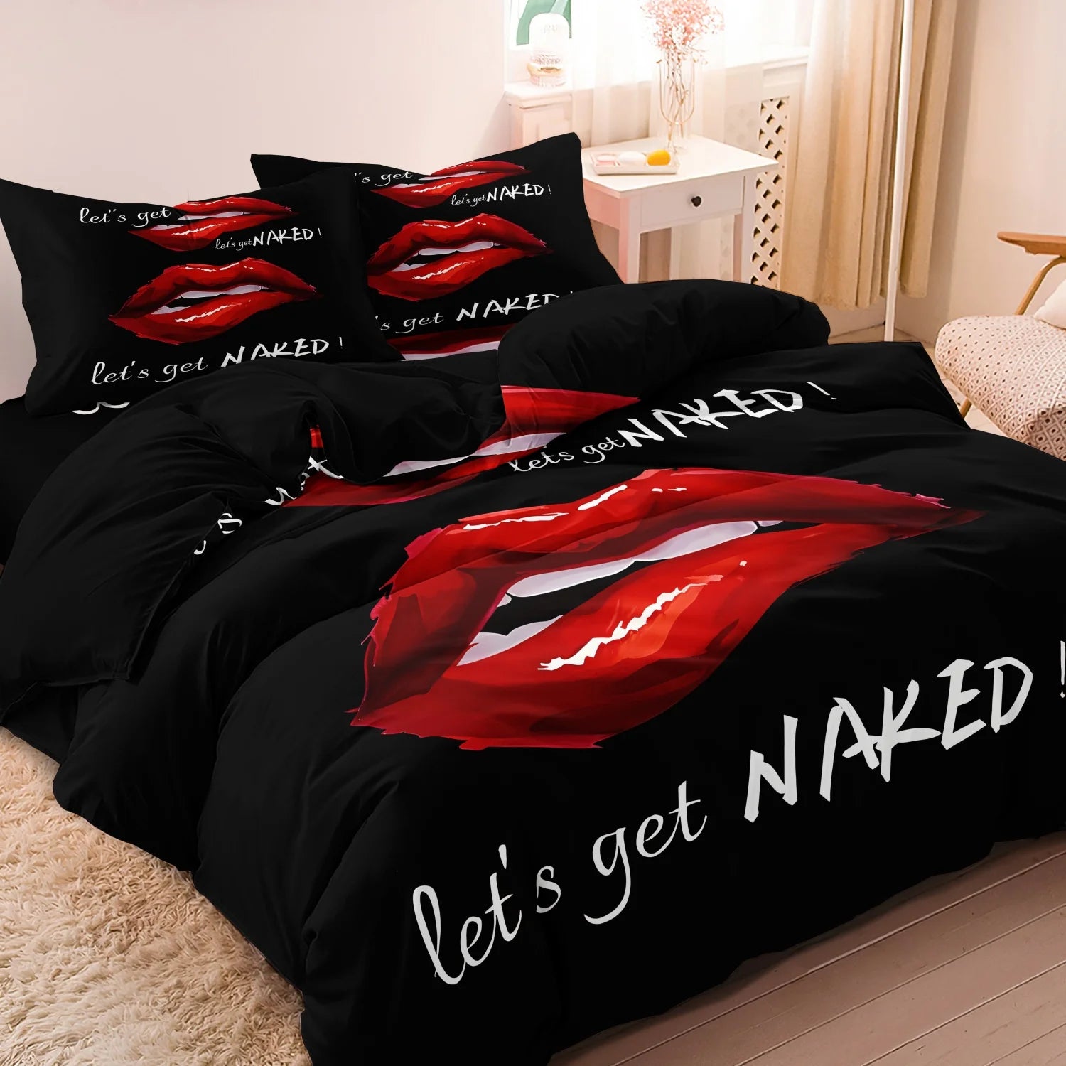 3Pcs Sexy Red Lips Pattern Soft Comfortable Bedding Set Included 1 Duvet Cover & 2 Pillowcases For All-Season Home Dorm Hotel