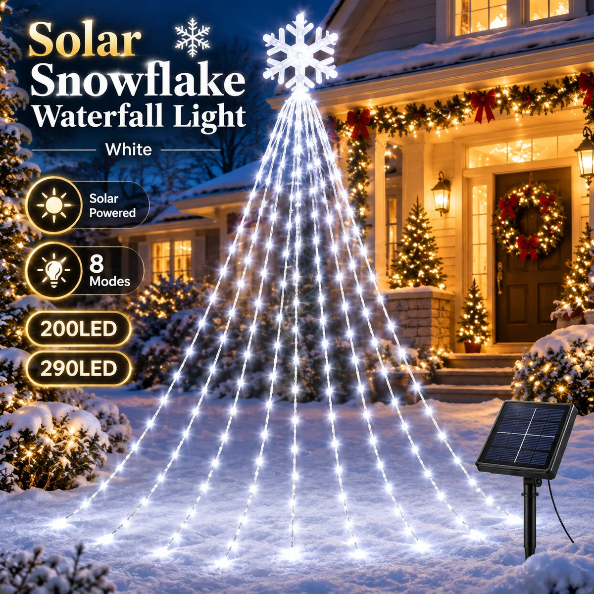 Christmas Snowflake Waterfall Lights Solar Powered 200/290LED 8 Modes Curtain Garland for Tree Window Garden Patio Holiday Decor