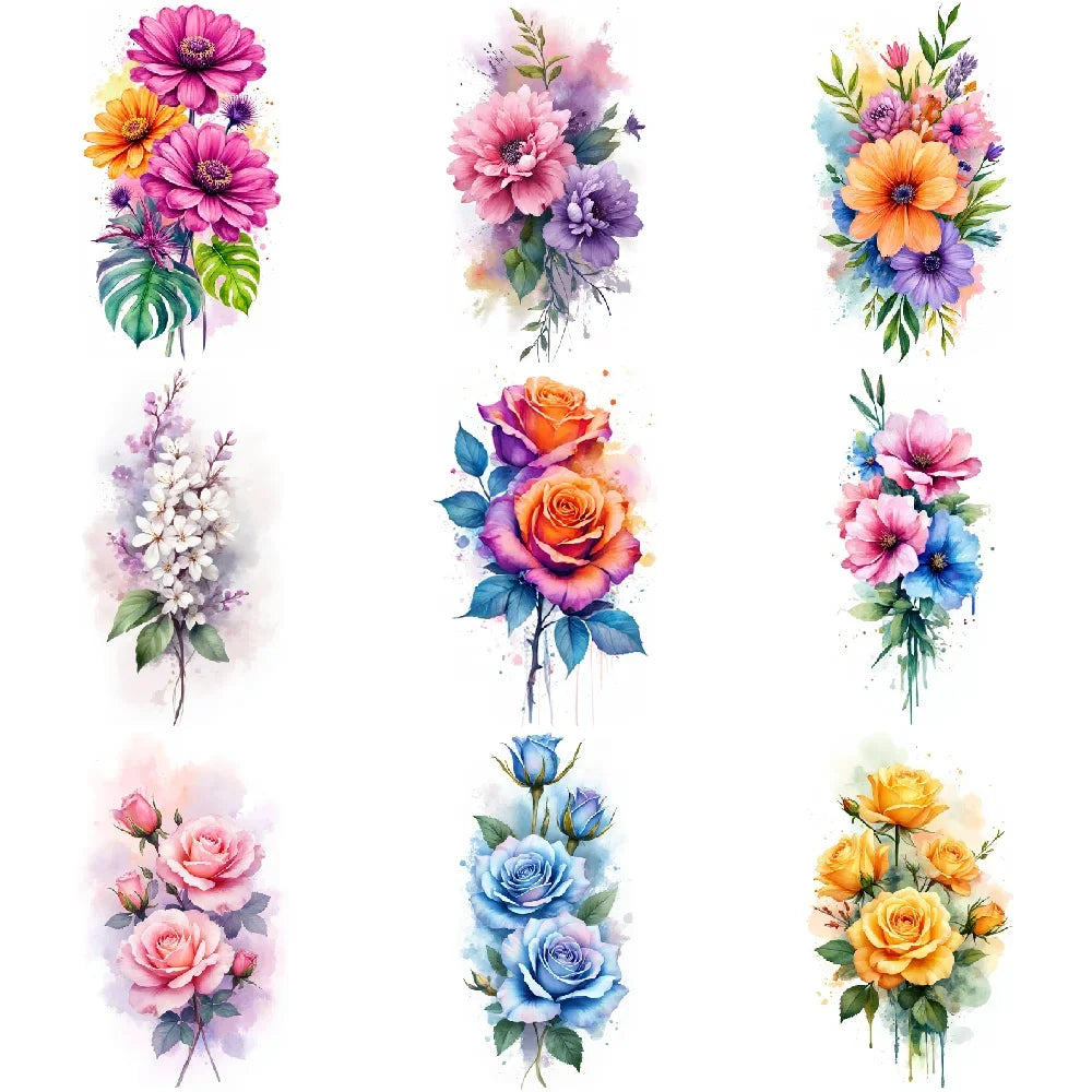 9pcs Colorful Flower Temporary Tattoos Stickers 3D Disposable Body Arm Tatoo Sticker Men Women Waterproof Fake Tatoos