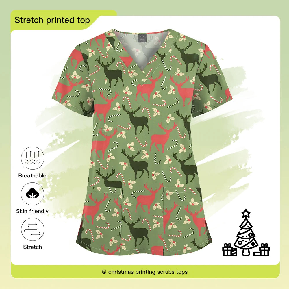 Christmas Print Scrubs Tops Women Short Sleeve V-neck Blouse Nurse Uniforms T-Shirt Medical Working Uniform Veterinary Workwear