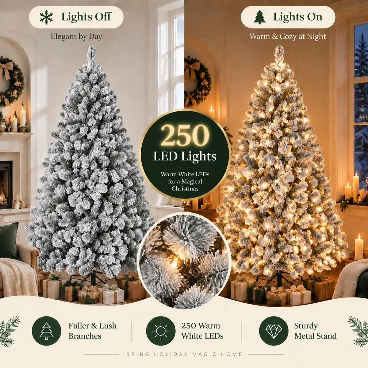 Prelit Artificial Christmas Tree with 100 Lights Snowflake Decorations Hinged PVC Branches Iron Trunk and Folding Metal Stand Green and White Holiday Decor for Living Room Home Christmas Party