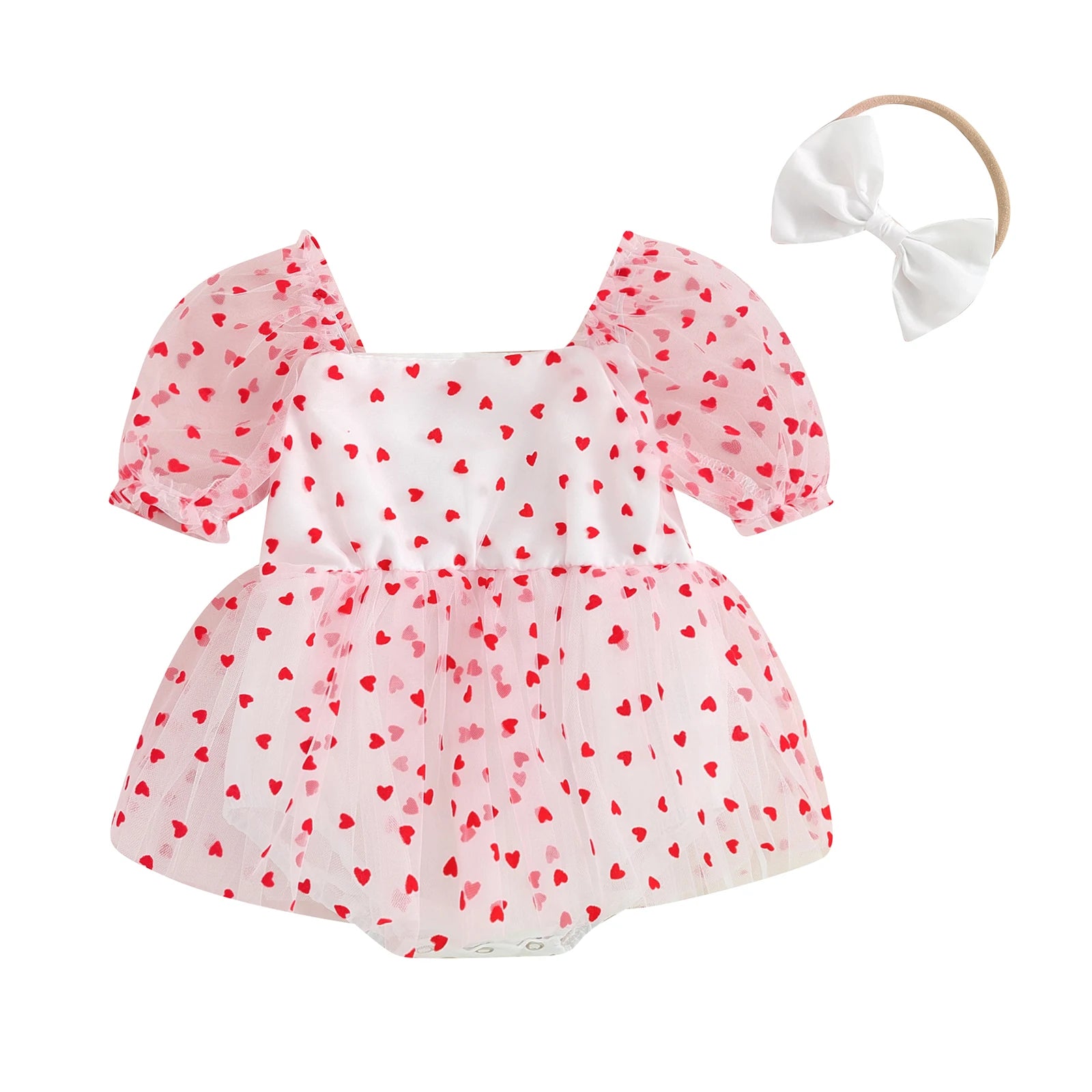 Pudcoco Newborn Infant Baby Girl Outfit, Short Sleeve Heart Print A-line Romper Dress with Bowknot Headband Clothes 0-18M