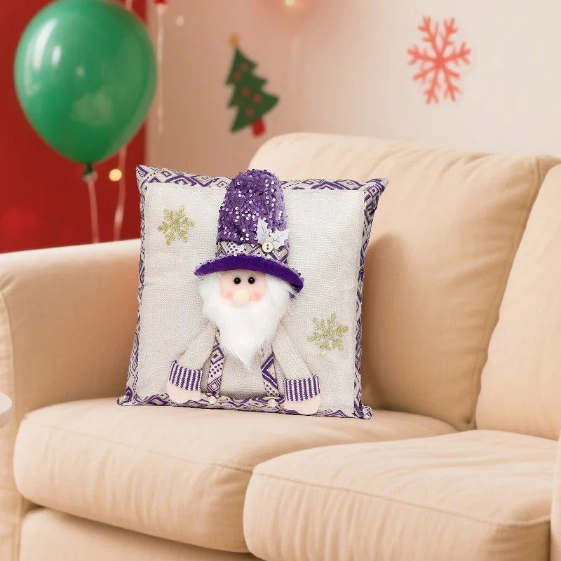 Cute Cartoon Christmas Cushion Cover Purple Sequin Santa Hat Pillowcase 3D Christmas Snowman Santa Claus Reindeer Pillowcase