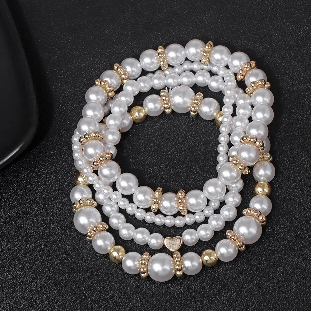 4 Pcs/Set White Pearl Bracelet Set Multilayer Gold Color Beads Bracelet For Women Trendy Imitation Pearl Bangle Luxury Jewelry